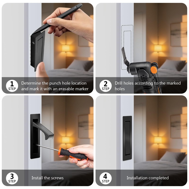 Funnytek Stainless Steel Pocket Door Pull Handle Matte Black Recessed