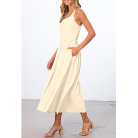 MEROKEETY Women's 2025 Summer Sleeveless Midi Dress Square Neck Smocked Flowy A Line Beach Dresses, Apricot, Medium