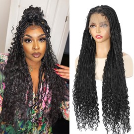 ROSEBONY 36" Boho Knotless Braided Wig for Black Women Double Full Lace Box Braid Wig with Baby Hair Bohemian Curly Ends Natural Black (1b Black)