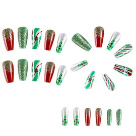 Christmas Press on Nails Medium Square Fake Nails Glitter Red Green Stripes Design False Nails Xmas Acrylic Nails Full Cover Glossy Stick on Nails Cute Artificial Nails for Women Girls 24Pcs
