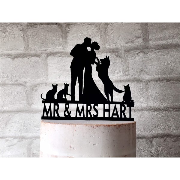UTF4C Wedding Cake Topper with Bride Groom 3 Cats and German Shepherd Dog, Party Cake Decoration Supplies, Acrylic Cake Topper, Novelty Unique Cake Insert, TBB2093