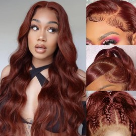 30Inch Reddish Brown Lace Front Wigs Human Hair Pre Plucked 13x6 Body Wave Auburn Colored Lace Frontal Wigs Human Hair Glueless Wigs Human Hair 220 Density HD Lace Frontal Wigs For Black Women