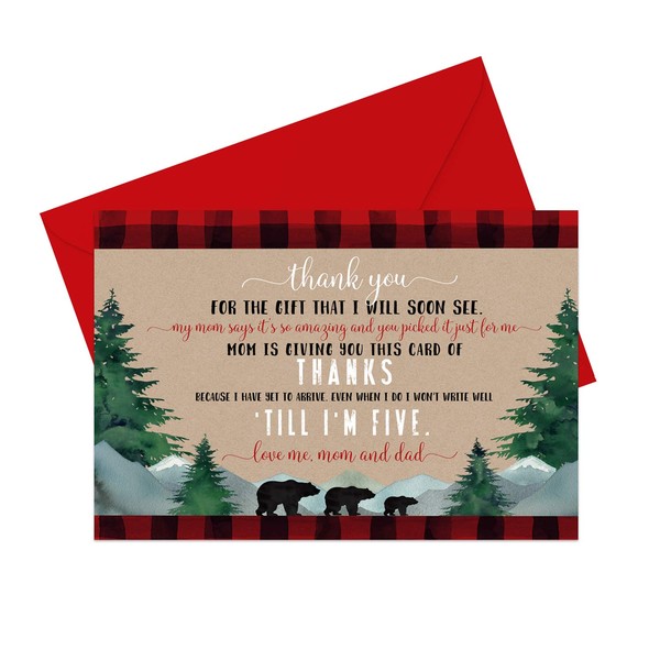Lumberjack Baby Shower Thank You Cards with Envelopes (15 Pack) Boy Rustic Little Bear Party Supplies - Red Black Buffalo Plaid - Note Set
