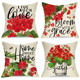 Ussap Red Geranium Flower Decorative Throw Pillow Covers 16 x 16 Set of 4, Sweet Home Floral Bloom Spring Summer Cushion Case Decor, Live Laugh Love Plant Botanical Decoration for Sofa Couch