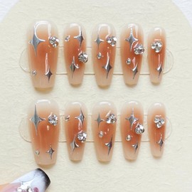 【YN.SELECTION】handmade Press on nails，coffin press on nails short，10 pcs fake nails with designs，Using high hardness nails press ons，reusable false nails★Jelly glue version★Blush 4-pointed star(S)