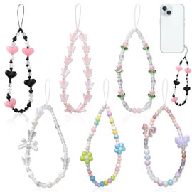 6 Pcs Beaded Phone Wrist Strap, 6 Style Beaded Phone Charm, Cute Beaded Phone Lanyard Universal Butterfly Phone Chain Wrist Lanyard Phone Bracelet Strap Cell Phone Charms Strap for Women