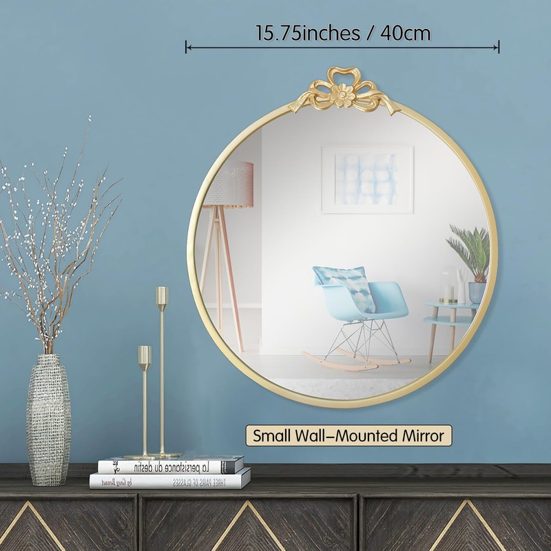 BITALYE 15.75" Small Bow Decorative Round Mirror,Gold Metal Frame Circle