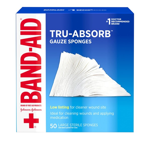 Band Aid Brand First Aid Products Tru-Absorb Sterile Gauze Sponges for Cleaning and Cushioning Minor Wounds, Cuts & Burns, Low-Lint Design, Individually Wrapped 4 in by 4 in Pads