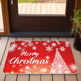 COSEVIER Snowflake Christmas Tree Door Mat, Red Xmas Doormat Indoor Outdoor Entrance Floor Mat, Non Slip Rubber Welcome Mats for Living Room Kitchen Home Decoration 17x29 Inch