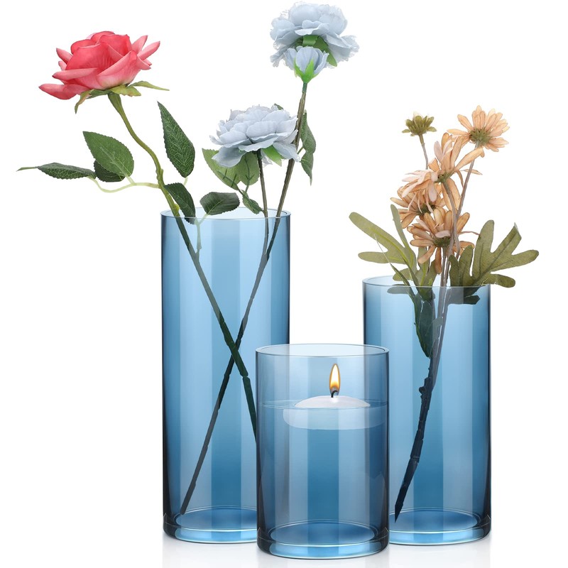 Set of 3 Blue Clear Hurricane Candle Holder Glass Cylinder