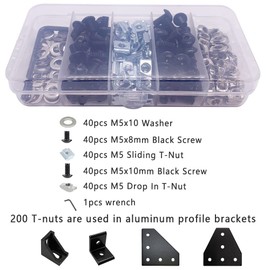 200Pcs T Slot Nut Kits for 2020 or 1010 Series Aluminum Extrusion,40Pcs M5x10,40Pcs M5x8 Hexagon Socket Screws,40Pcs M5 T Sliding Nut,40Pcs M5 T Nut,40Pcs Washers (Black Nut and Screw Kits)