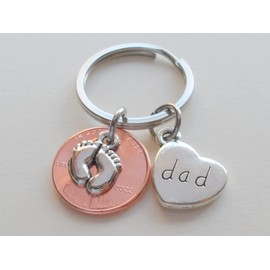 Custom Penny Keychain With Baby Feet Charm & Heart Charm, Mom or Dad Keychain, Mother's Day or Father's Day Key Chain, Baby Shower Keychain