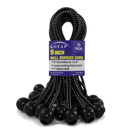 Kotap BB-9B Ball Bungee Cord, Heavy-Duty & Versatile, Indoor & Outdoor, Tarp Tie-Down, Organize & Secure, 9 Inch, Black, 25 Pack