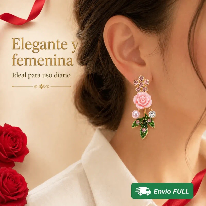 Aretes Plata 925 Oro 14k Rosa Flor Perla Zirconia Mujer