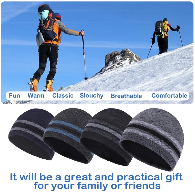 CHUANGLI Mens Winter Beanie Hat Striped Warm Knit Plain Ski