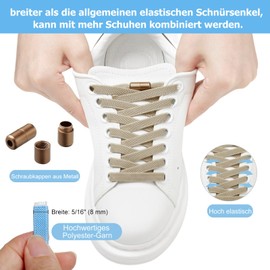 Puzeam 2 Pairs of Elastic Shoelaces, Flat, with Metal Capsule, Shoe Laces without Tying for Children, Adults Shoes, Rubber Laces, Khaki 120