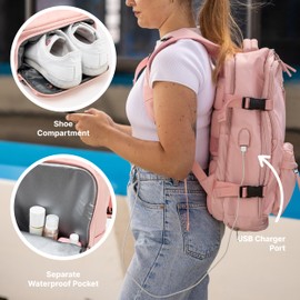 (Not Made In China) Travel Backpack For Women, Airline Approved Carry On Bag w/Shoe Compartment, Holds 15.6" Laptop, USB Charging Port (Pink)
