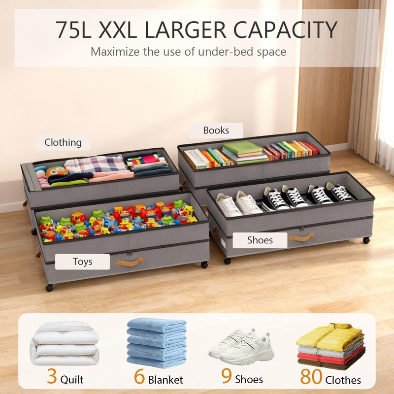 Under Bed Storage with Wheels 2-Pack, 75L XXL Under the