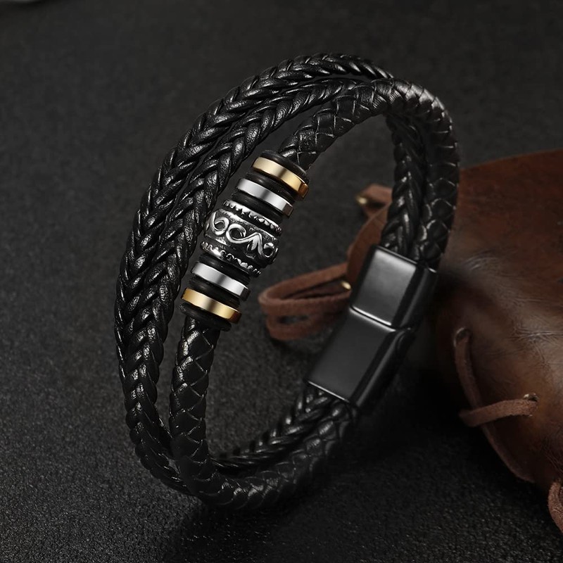 HEIX Mens Multilayer Braised Leather Bracelet Magnetic Stainless Steel Clasp