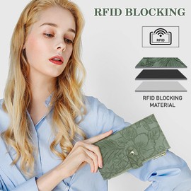 Gosect Women Leather Wallet Large Capacity RFID Blocking Designer Bifold or Trifold with Coin Pockets Credit Card Holder Travel Wallet Purse Gifts for Women