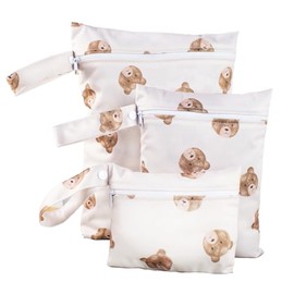Pack of 3 Bear Pattern Wet Bags, Nappy Bag, Wet Bag, Nursery Wetbag, Nappy Bag for On the Go with Zip, Wet Bag Nappy Bag, Wet Bag Organiser for Swimming, Gym, Travel