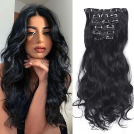 Gairyan 52 cm Clip-In Extensions Wavy Natural Black 6 Pieces Hair Extensions with Clips Synthetic Hair Extensions Clip in Hairpiece Hair Extension Wavy Long Curly for Women