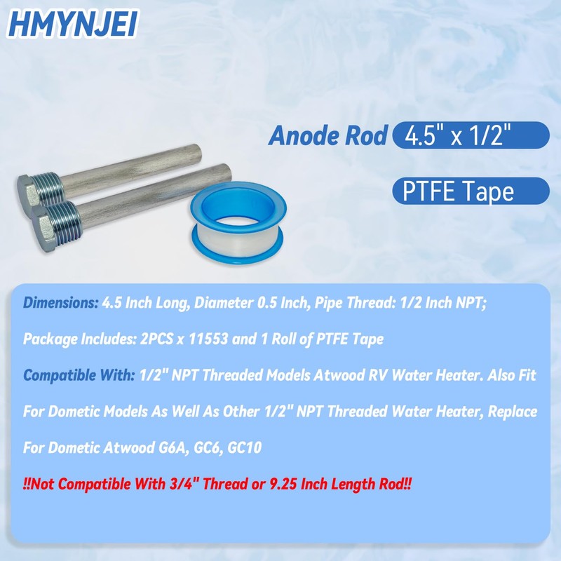 RV Water Heater Anode Rods 4.5" x 1/2" NPT for