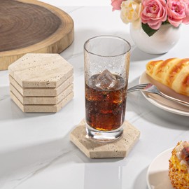 WORHE Marble Coasters Hexagon Drink Coasters Set of 5 Natural Cream Travertine Stone Coaster for Coffee Table Protection Bar Coaster Decoration for Christmas Birthday Beige (DL009)