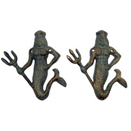 Wowser Green Cast Iron King Neptune Wall Hooks, Set of 2, 6.5 Inches