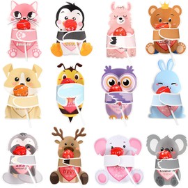 Zonon 48 Pieces Valentine‘s Day Cards with Animal Designs Kids Gifts Valentine Greeting Cards Lollipop Holder Koala Dog Candy Valentine School Class Exchange Party Favors