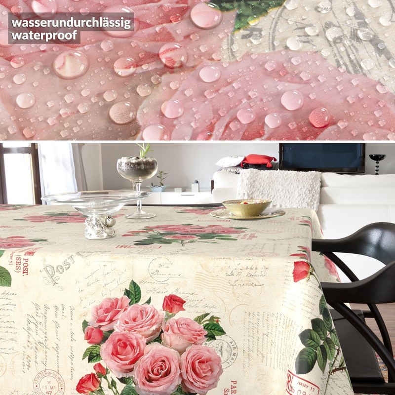 ANRO Oilcloth tablecloth, wax tablecloth, washable garden tablecloth, postcard, roses,