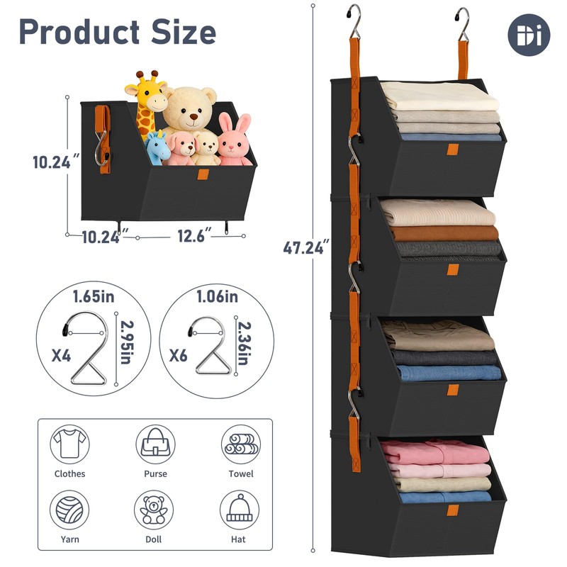 DIMJ Hanging Closet Organizer - 4 Tier Collapsible Hanging Shelves