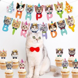 Juego de 11 decoraciones para fiesta de cumpleaños de gato, pancarta de feliz cumpleaños con huellas de patas, adornos para cupcakes, decoración para tartas, suministros para fiestas