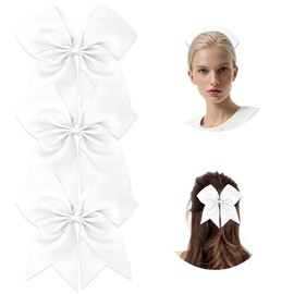 8 Inch Cheer Bows 3 PCS White Hair Bows Large Cheerleading Bows Cheer Hair Bows with Ponytail Holder Elastic Band Hair Tie Bow Softball Competition College Sports Hair Accessories for Teen Girls Women