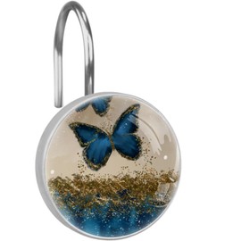 Marble Ombre Watercolor Ink Blue Butterfly Gold Lines Decorative Shower Curtain Hooks Rings Set of 12 Hooks for Shower Curtain Rustproof Curtain Rings for Bathroom