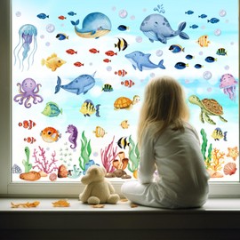 134 Pcs Spring Summer Window Clings for Glass Windows, Ocean Theme Window Decals Stickers Decorations for Home School Classroom Office Shop Display for Under The Sea Party Supplies