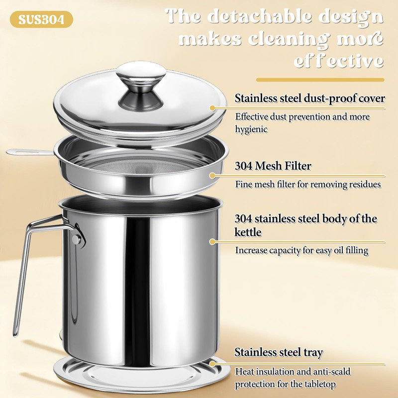 1.8L(61 fl. oz.) Bacon Grease Container, Stainless Steel Grease Container
