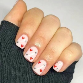 24Pcs Valentines Day Press on Nails Short Square Fake Nails Pink Acrylic Nails Full Cover Glue on Nails with Rhinestones Designs Artificial Reusable Red Heart False Nails for Women Girls Acrylic Nails