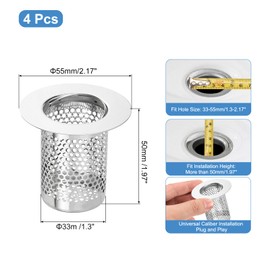 uxcell 3 Pack Shower Drain Strainer, 2" x 2.2" Stainless Steel Floor Drain Strainer Deep Sink Hair Catcher for Kitchen Bathroom Balcony Floor Drain, Fit Hole Size from 1.38" to 2.17"