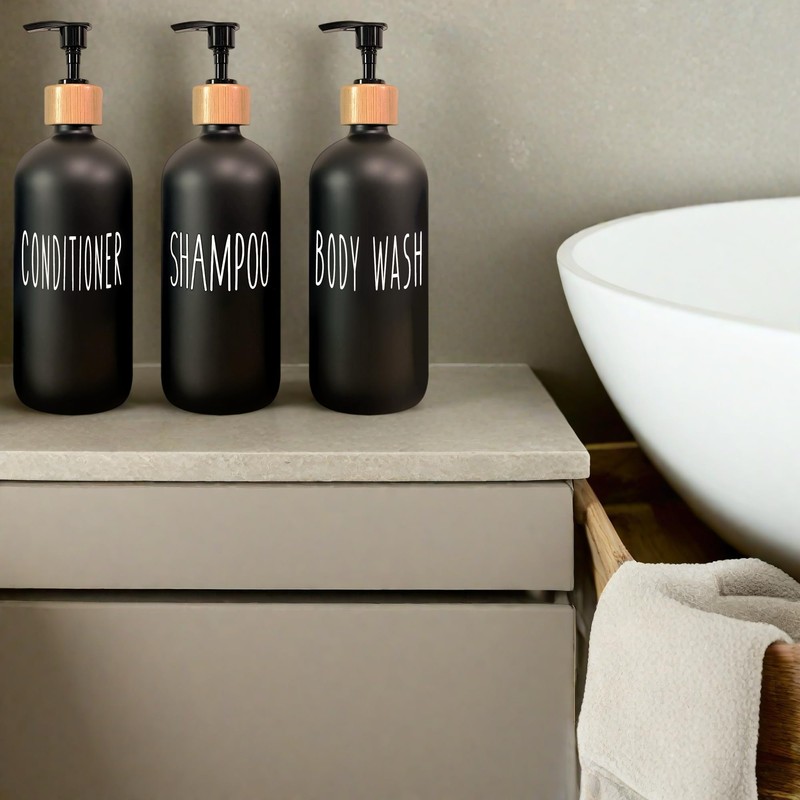 Black Shampoo and Conditioner Dispenser Set of 3 16.9oz Refillable