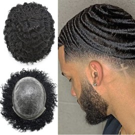 Afro Toupee for Black Men Full Poly Skin PU Injection Wave African American Human Hair Men Replacement System 8"x10" Mens Toupee Hair Unit FACE MIRACLE (8"*10", 1B# Off Black-12MM)