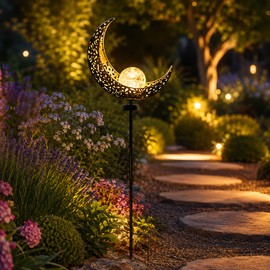 Solar Garden Light for Outdoor Decor – Moon Fairy Crackle Glass Stake with Warm White LED for Garden Paths