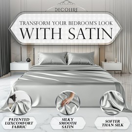 DECOLURE Satin Sheets Full Set 6pcs - Genuine and Luxurious Silk Touch Satin Sheets Twin w/Deep Pocket - Elegant All-Season Silky Soft Twin Size Bed Sheets - Comfy Satin Sheets Grey Set