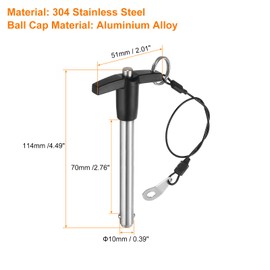 QUARKZMAN Pack of 2 T-Handle Locking Pins, 10 mm x 70 mm Quick Release Pins Usage Length Stainless Steel Push Button Quick Release Pin Ball Lock Bolts