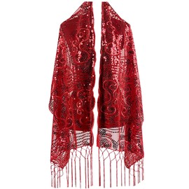 ARTMASK.US Charming Floral Sequin Sheer Lace Shawl, Scarf, Wedding Cape Evening Scarf Tassels Shawl Sparkle Floral Sequin Wrap (RED)