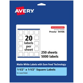 Avery Matte White Square Labels with Sure Feed, 1.5" x 1.5", 5,000 Matte White Printable Labels