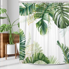 GCIREC Tropical Plants Shower Curtain, Green Botanical Palms Monstera Leaf Gold Banana Leaves Bathroom Curtain Home Decor Waterproof Fabric Machine Washable with 12 Hooks