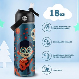 Termo para Niños y Niñas 18 oz - Botella de Agua Acero Inoxidable 100% Antifugas, con 2 Pajitas Incluidas para Escuela, Deportes o Excursiones (Termo Infantil Reutilizable y Aislante) (Amarillo)