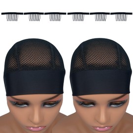 Highshion 2pcs Headband wig cap for making wig,Adjustable Velcro Lace headband mesh dome caps with hook and loop,weaving Wig Grip Cap Black with big holes for women man and gift 6pcs