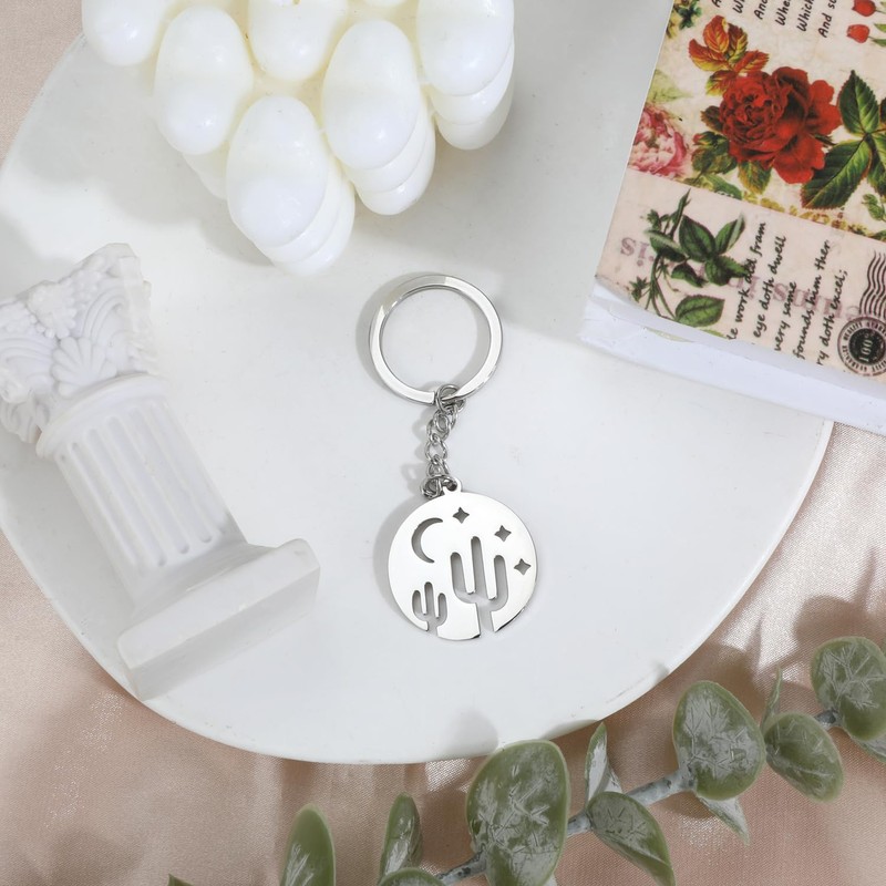 MUCOOS Cactus Keychain, Silver Keychain, Metal Material, Teacher Gift For